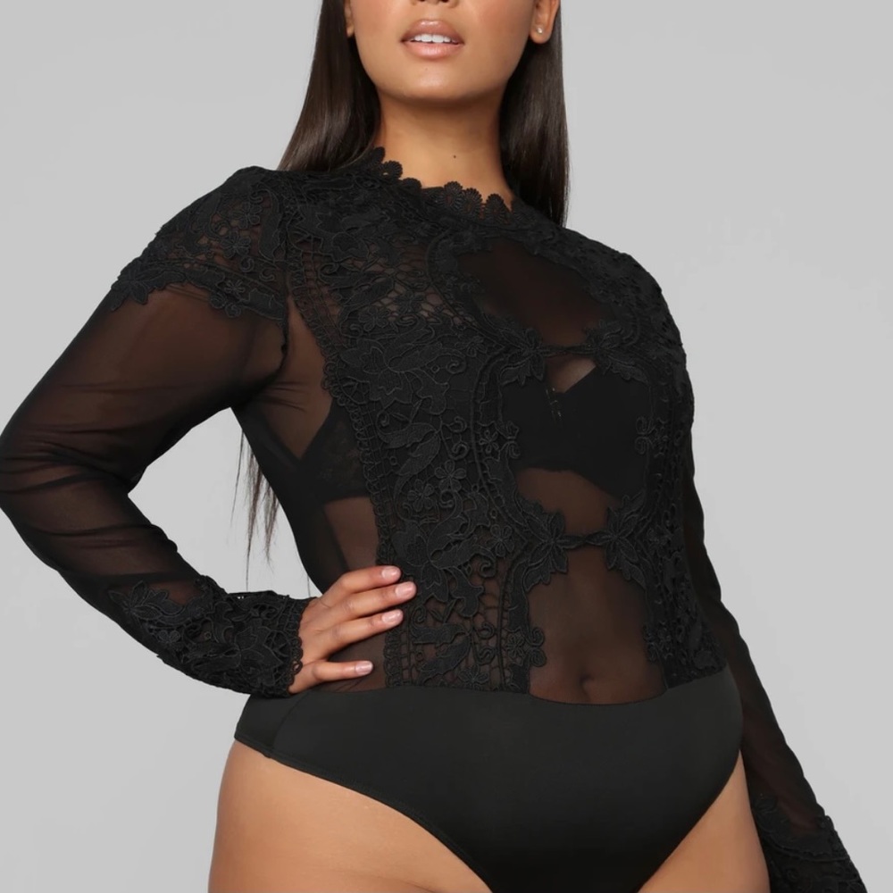 Plus Black Mesh Embroidered Bodysuit
